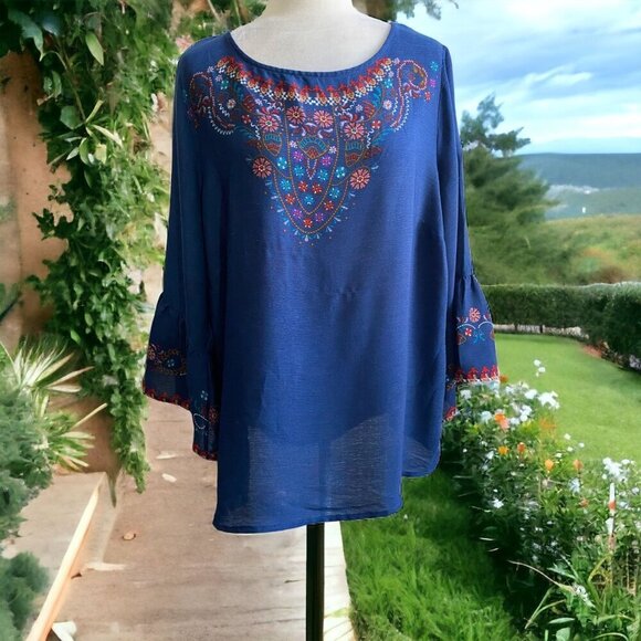 New Directions Blue Bohemian Embroidered Tunic Bell Sleeves Top PLUS Sz 2X - Picture 1 of 9